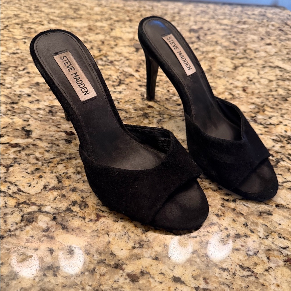 Steve Madden Black Suede Open-Toe High Heel Mules